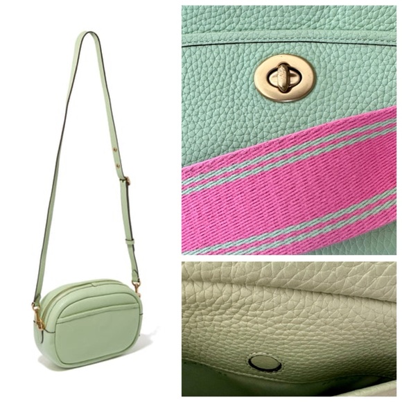COACH Pistachio Green Leather Oval Camera Bag, Crossbody Guitar Strap (Pink) - Picture 12 of 17